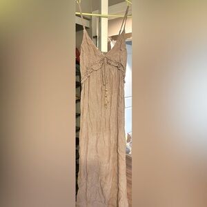 Maxi maternity dress, pale pink with white polka dots. Size small